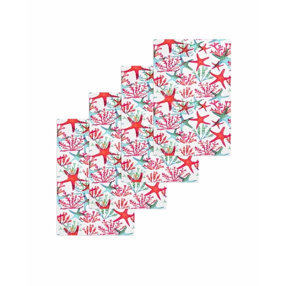 Summer Red Starfish Kitchen Dish Towels for Drying Dishes Set of 4, Green Coral Coastal Ocean Abstract Waffle Weave Microfiber Terry Hand Tea Bathroom Towels Quick Dry & Absorbent Towel 15.7x23.6