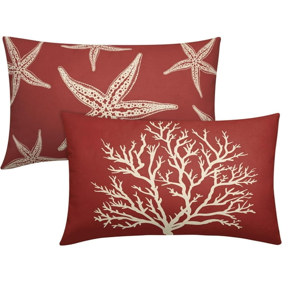 Summer Red Starfish Pillow Covers 12x20 Inch Set of 2 Beach Sea Coral Throw Pillowcase Cotton Linen Square Decorative Nautical Coastal Themed Cushion Cover for Sofa Bedroom Indoor Outdoor Party