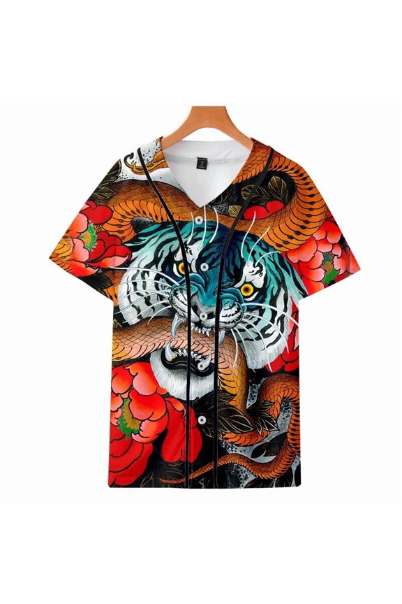 Summer Red Tiger Snake 3d Tops Men's Button Tshirt Funny Print Baseball Jersey Shirts Hiph