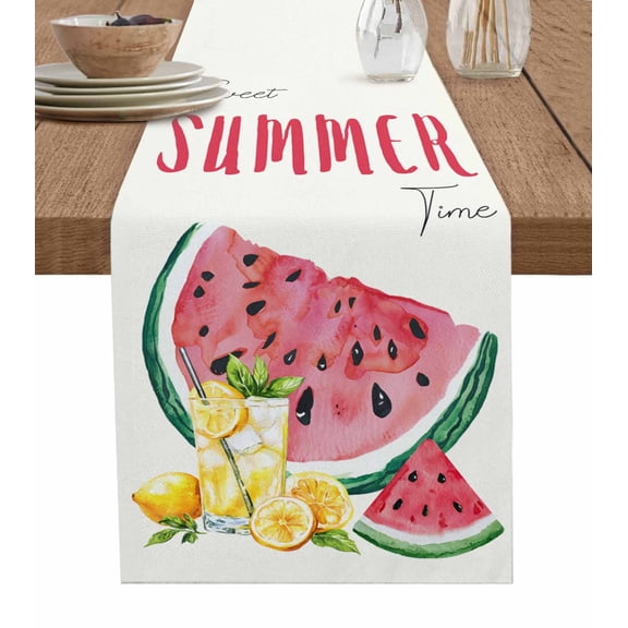 Summer Red Watermelon Burlap Cotton Table Runner 13x60 Inches Long, Lemon Juice Fruit Country Retro Farmhouse Table Runners, Outdoor Dining Tablecloths Decor for Baby Shower/Party/Wedding