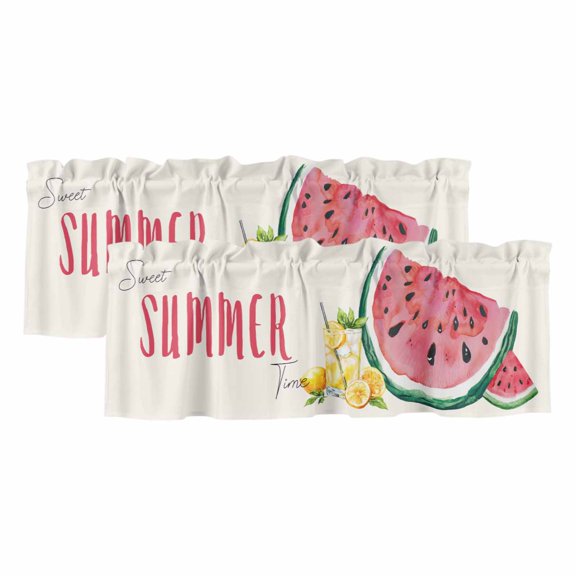 Summer Red Watermelon Curtain Valances for Windows, Kitchen Valance Window Treatments Panel 2 Pack, Lemon Juice Fruit Country Retro Rod Pocket Short Curtains for Bathroom Bedroom 42 x 18 Inch