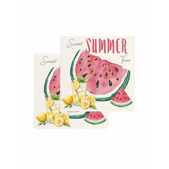 Summer Red Watermelon Kitchen Dish Towels for Drying Dishes Set of 2, Lemon Juice Fruit Country Retro Waffle Weave Microfiber Terry Hand Tea Bathroom Towels Quick Dry & Absorbent Towel 12x12