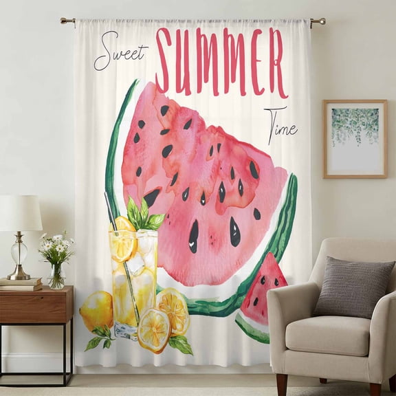 Summer Red Watermelon Sheer Curtains 54 Inches Long, Lemon Juice Fruit Country Retro Light Filering Curtains, Breathable Simi Curtain Privacy Drapes for Kitchen Bathroom Small Window Treatment