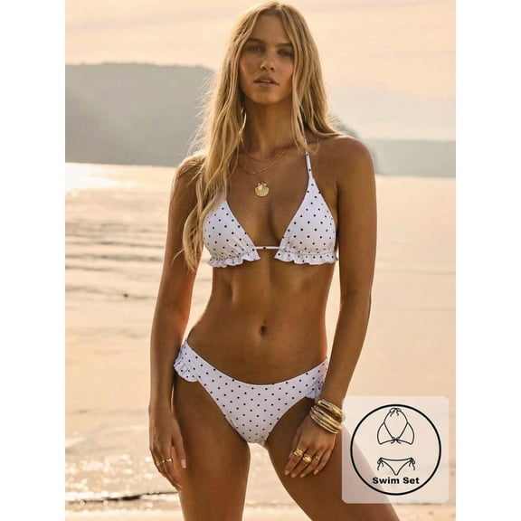 Summer Resort Vacation Beach Western Gingham Ruffle Triangle Bikini Set With Swim Bag