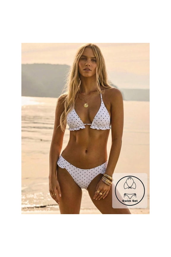 Summer Resort Vacation Beach Western Gingham Ruffle Triangle Bikini Set With Swim Bag