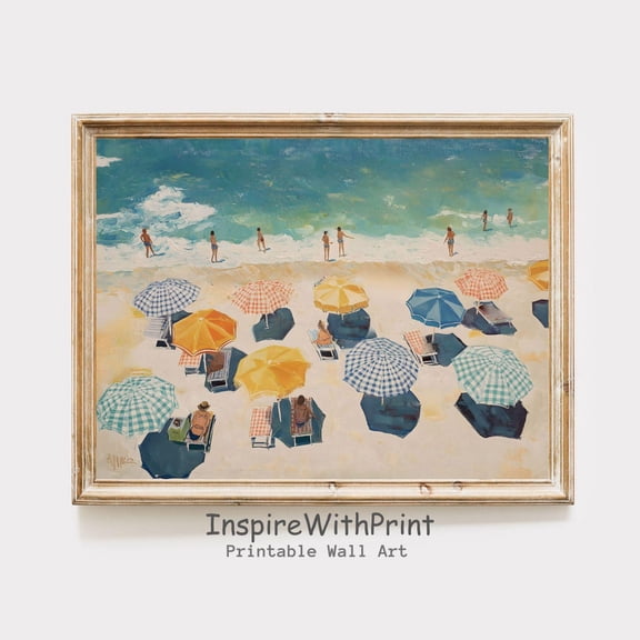 Summer Retro Beach Coastal Seascape Wall Art, Retro Coastal Art Printable Vintage Beach Umbrella Poster Pastel Summer Art Print, Size 8x12 UNFFRAMED F03.1.6l743