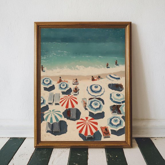 Summer Retro Beach Umbrella Coastal Seascape Wall Art, Retro Coastal Art Printable Vintage Beach Poster Pastel Summer Art Print, Size 16x24 UNFFRAMED F03.1.6l698