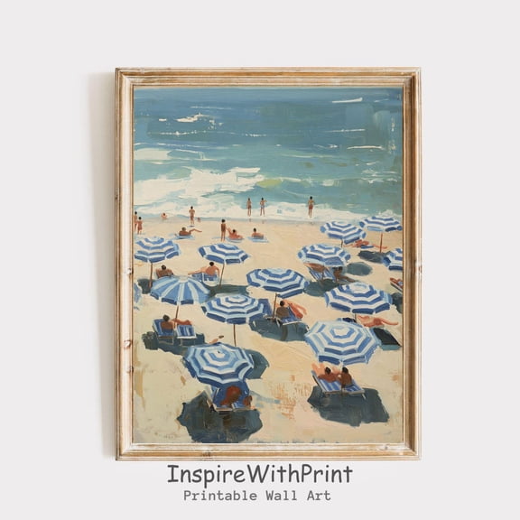 Summer Retro Beach Umbrella Coastal Seascape Wall Art, Retro Coastal Art Vintage Beach Poster Pastel Blue Summer Art Poster Home Decor, 24x36 UNFRAMED
