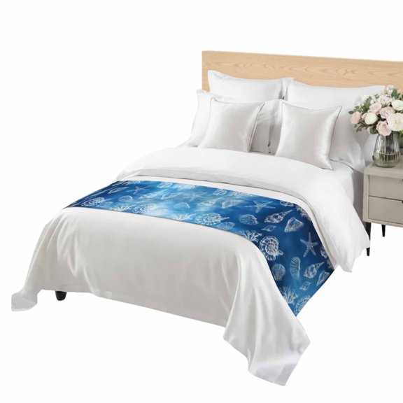 Summer Retro Bed Runner for Twin Size Bed, White Marine Life Conch Shells Blue Gradient Soft Bedding Scarf Bedding Protector Slipcover Sofa Throw for Bedroom Hotel Guesthouse