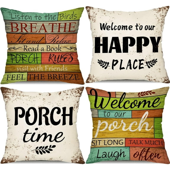 Summer Retro Outdoor Throw Pillow Covers 18x18 Inch Set of 4 Welcome to Our Porch Sign and Breathe Letter Decor Pillow Covers for Swing Garden Hammock Chair Sofa