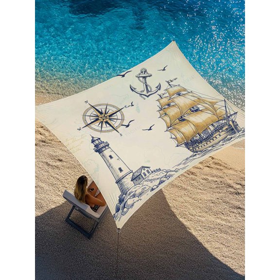 Summer Retro Sun Shade Sail 6.5' x 10', Nautical Anchor Ocean Seagull Coastal Sailboat Campass Rectangle Outdoor Sunshade Canopy, Waterproof UV Block Patio Covers for Garden Yard Beach