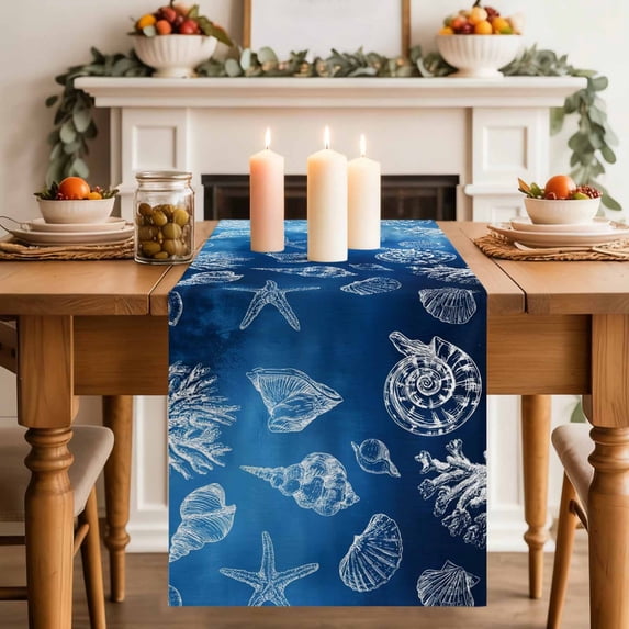 Summer Retro Table Runner, White Marine Life Conch Shells Blue Gradient Cotton Linen Kitchen Table Decoration Washable Dining Tabletop Runners for Home Party Decor 13x72 Inches