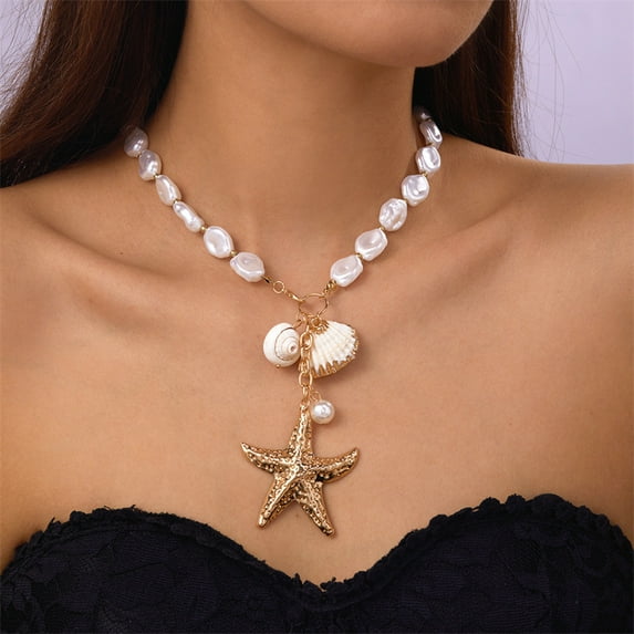 Summer Retro Vacation Style Beach Shell Artificial Pearl Conch Multi-layer Women's Necklace