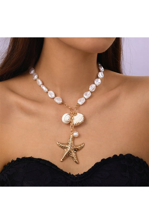 Summer Retro Vacation Style Beach Shell Artificial Pearl Conch Multi-layer Women's Necklace