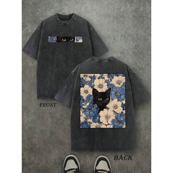 Summer Retro Washed T-Shirt For Men, 230g Cotton, Cat In The Flowers Print, Double Sided Graphic, Vintage Streetwear Crew Neck, Oversized Y2K Top, Casual Daily Wear, Plus Size, Free Shipping