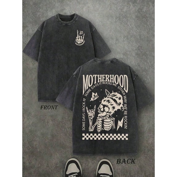 Summer Retro Washed T-Shirt For Men, 230g Cotton, MOTHERHOOD Letter Print, Double Sided Graphic, Vintage Streetwear Crew Neck, Oversized Y2K Top, Casual Daily Wear, Plus Size, For Men