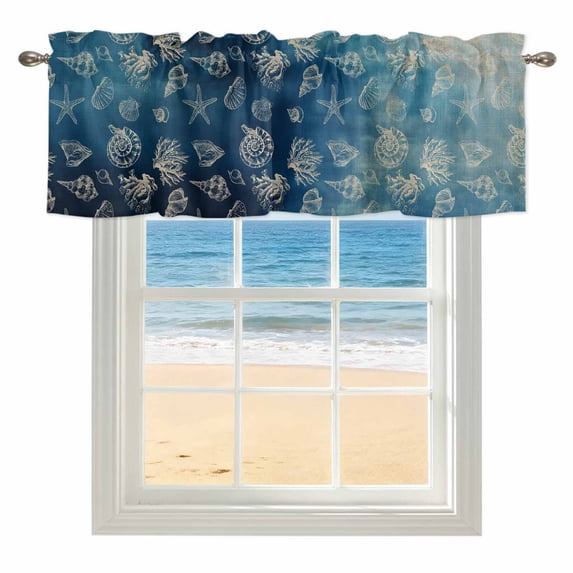 Summer Retro Window Valance for Kitchen, White Marine Life Conch Shells Blue Gradient Linen Rod Pocket Short Curtain for Small Windows, Light Filtering Decorative Valance, 56 x 16 Inch