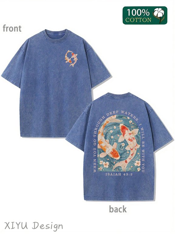 Summer RetroMen's T-Shirt, Pure Cotton American Casual Style T-Shirt, Koi Fish And Pisces Water Environment Scripture Printing, _I Will Be With You_, Koi Fish Pattern Meaning Bea