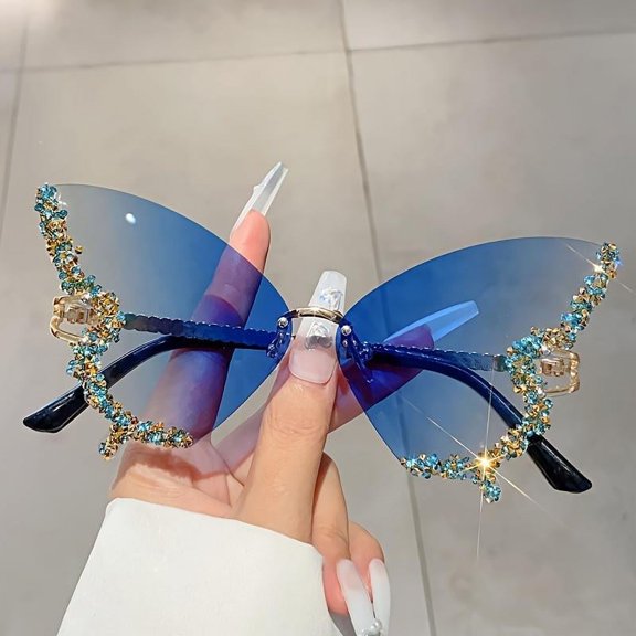 Summer Rhinestone Butterfly Design Glasses, Trendy Tinted Lenses Sunglasses For Everyday Use, Fashion Accessories For Outdoor Activities