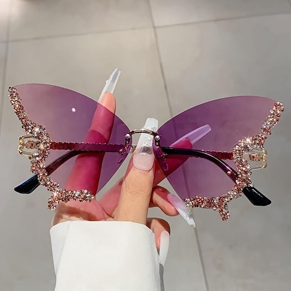 Summer Rhinestone Butterfly Design Glasses, Trendy Tinted Lenses Sunglasses For Everyday Use, Fashion Accessories For Outdoor Activities