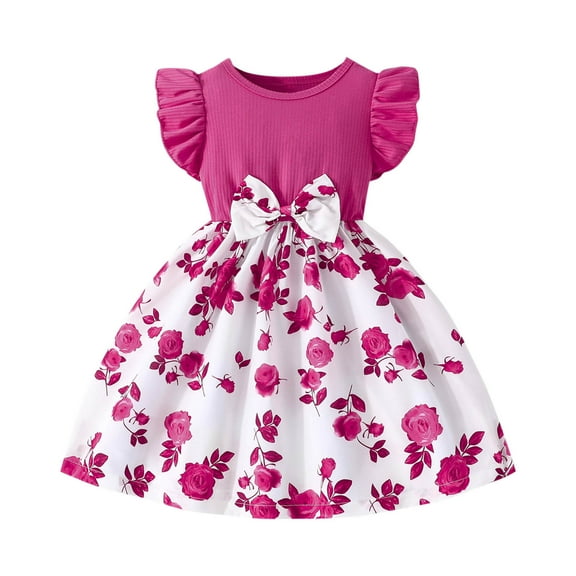 Summer Ribbed Dress for Girls Casual Flutter Floral Dress A-Line Cotton Cute Going Out Outfits Lounge Wear, Hot Pink, 4 Years