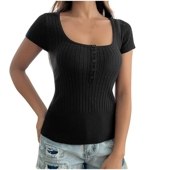 Summer Ribbed Knit Henley Tshirts for Women Casual Button Up Square Neck Basic Tees Slim Fitted Solid Tops