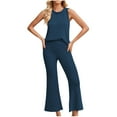thumbnail image 1 of Summer Ribbed Knit Pants Sets for Women 2 Piece Casual Lounge Outfits Sleeveless Tank Top and Flare Bell Bottom Pant (X-Large, Blue), 1 of 5