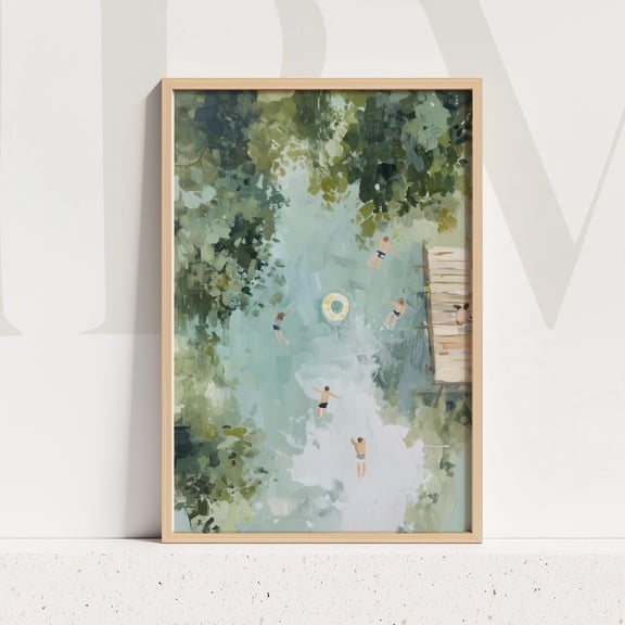 Summer River Swimming Scene Aerial Landscape Green Nature Wall Art Serene Outdoor Poster