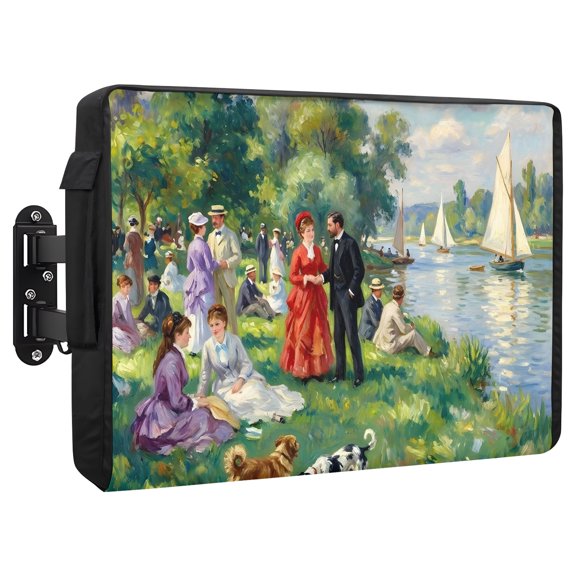 Summer Riverbank Gathering Waterproof Outdoor TV Cover, Vintage Sailboats Green Meadow Dogs Outside Weatherproof TV Enclosures for 48 to 50 Inch LCD Television Shield Flat Screen Protectors