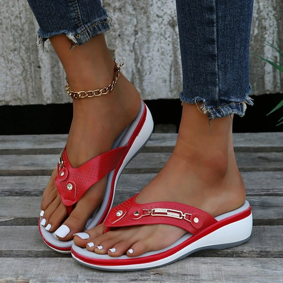 Summer Rollbacks!Azrian Womens Sandals Wedge,Ladies Fashion Casual Sandals,Shoes,Outdoor Flops,Beach Slippers,Red 9.5(43)