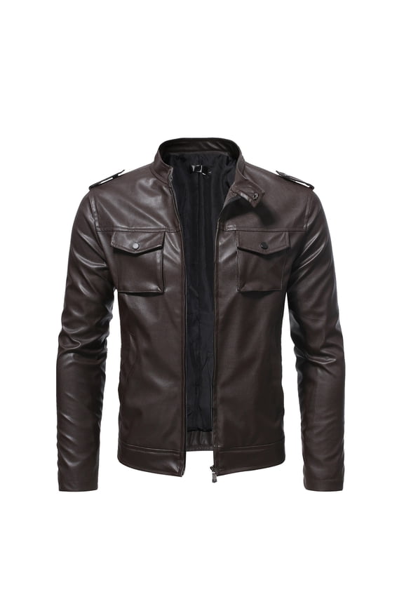Men's Leather Plus Fleece Jacket,Motorcycle Jacket,Warm Leather Jacket,Brown 8(L)