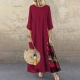 thumbnail image 1 of LoyisViDion Women Plus Size Dress Clearance Women Casual Patchwork 3/4 Sleeves O-Neck Button High Low Hem Plus Size Dress Wine 18(XXXXL), 1 of 7