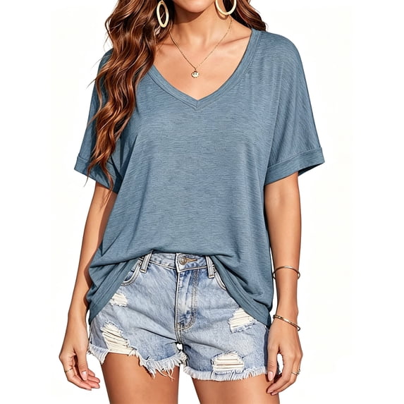 Summer Rolled Short Sleeve Women V-neck Solid Color Casual Loose T-shirt Tops