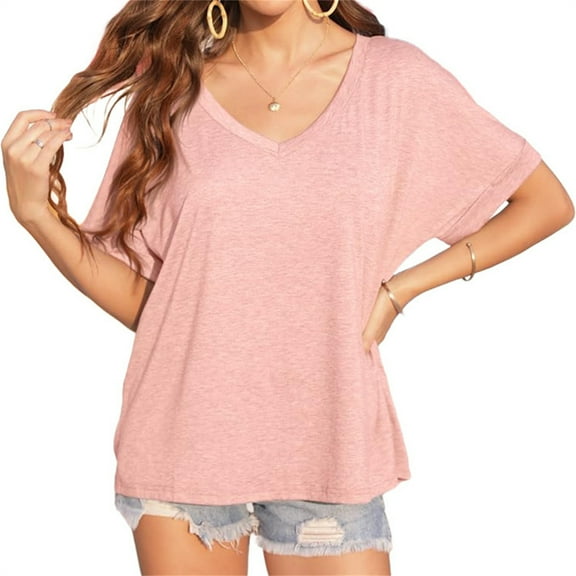 Summer Rolled Short Sleeve Women V-neck Solid Color Casual Loose T-shirt Tops