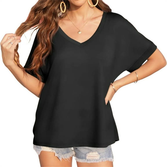Summer Rolled Short Sleeve Women V-neck Solid Color Casual Loose T-shirt Tops