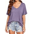 thumbnail image 1 of Summer Rolled Short Sleeve Women V-neck Solid Color Casual Loose T-shirt Tops, 1 of 7