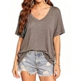 thumbnail image 1 of Summer Rolled Short Sleeve Women V-neck Solid Color Casual Loose T-shirt Tops, 1 of 7