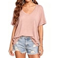 thumbnail image 1 of Summer Rolled Short Sleeve Women V-neck Solid Color Casual Loose T-shirt Tops, 1 of 7