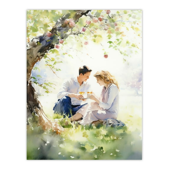 Summer Romance Watercolour Painting Picnic Under Apple Blossom Tree Bedroom Art Extra Large XL Wall Art Poster Print