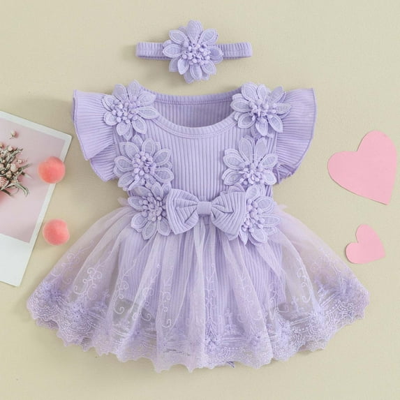 Summer Romper Plus Size Girls' One-year-old Dress Romper Birthday Stylish Soft Yarn Princess Flower Romper Skirt Baby Girl Outfits 2 Piece