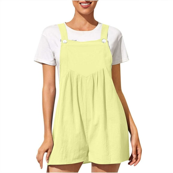 Summer Romper Shorts Womens Casual Cozy Cotton Linen Bib Overall Jumpers Pleated Loose Wide Leg Short Jumpsuits (XL, Yellow)