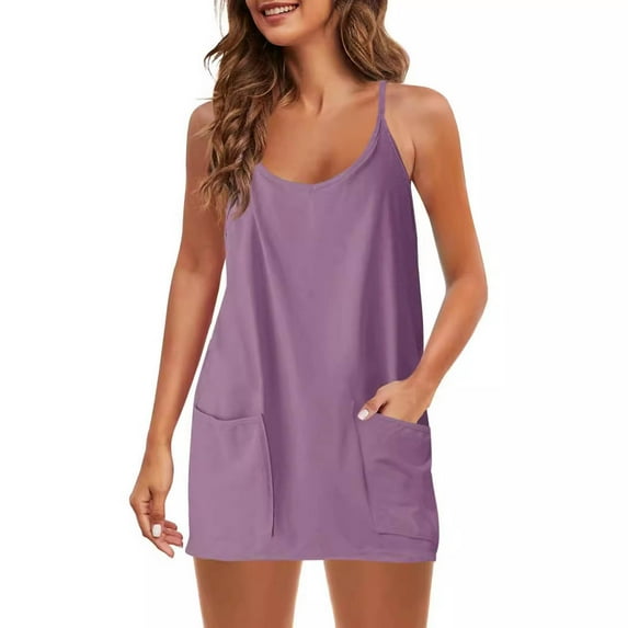 Summer Romper Shorts for Women with Pockets Spaghetti Strap One Piece Cami Short Jumpsuit Beach Vacation Casual (XL, Purple 01)