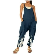 BSYOUFIER Summer Romper for Women Clearance Deals Womens Casual Loose Sleeveless Straps Bib Wide Leg Jumpsuit With Pockets , Jump Suit for Women Casual , Women's Jumpsuits Navy M