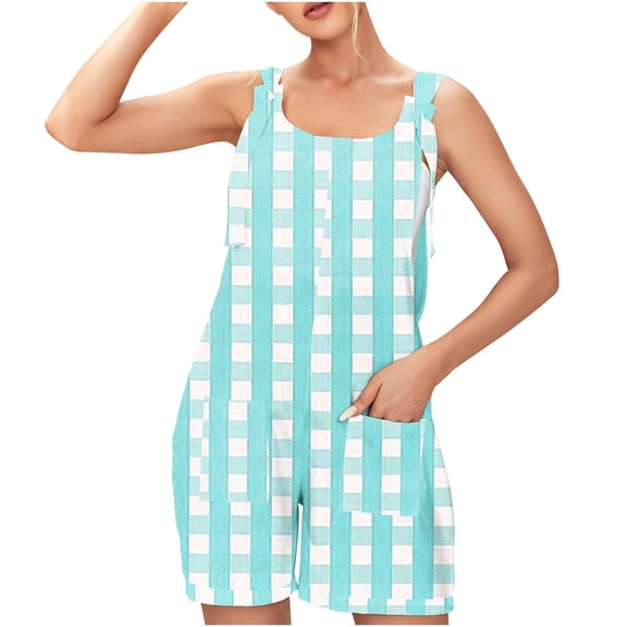 Summer Romper for Women Casual Fashion Plaid Criss Cross Print Short Jumpsuit with Pocket Tie Knot Front Loose Overalls, Blue, L