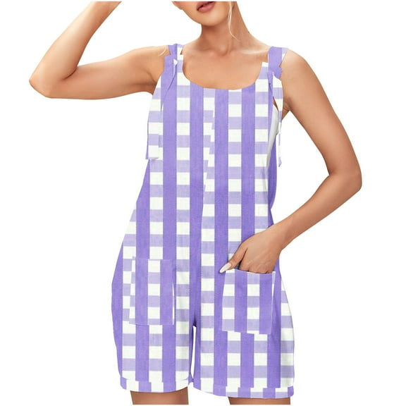 Summer Romper for Women Casual Fashion Plaid Criss Cross Print Short Jumpsuit with Pocket Tie Knot Front Loose Overalls, Purple, L