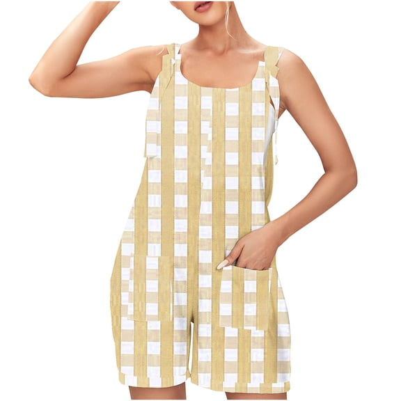 Summer Romper for Women Casual Fashion Plaid Criss Cross Print Short Jumpsuit with Pocket Tie Knot Front Loose Overalls, Yellow, XXXL