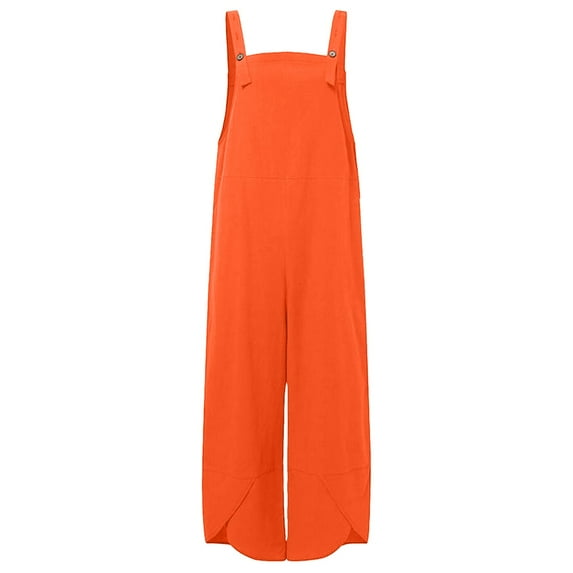 Summer Rompers Fashion Solid Pocket Long Playsuit Strap Button Romper Orange M