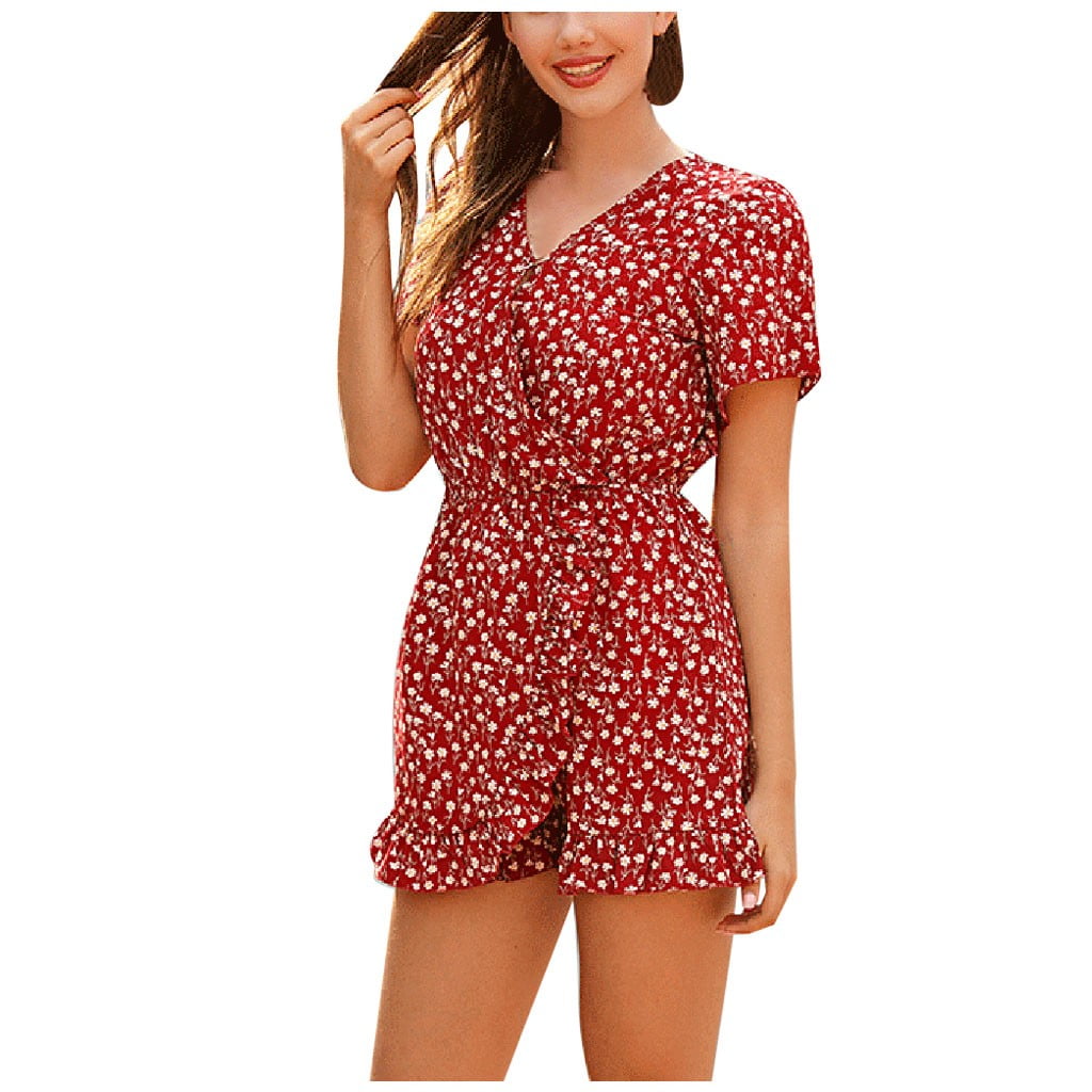 Summer Rompers For Women 2023 Fashion Printed LaceUp ShortSleeved