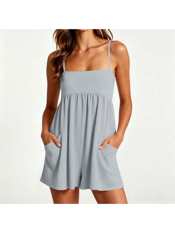 Summer Rompers For Women Solid Sleeveless Spaghetti Strap Active Romper Shorts Jumpsuit 1 Piece For Workout