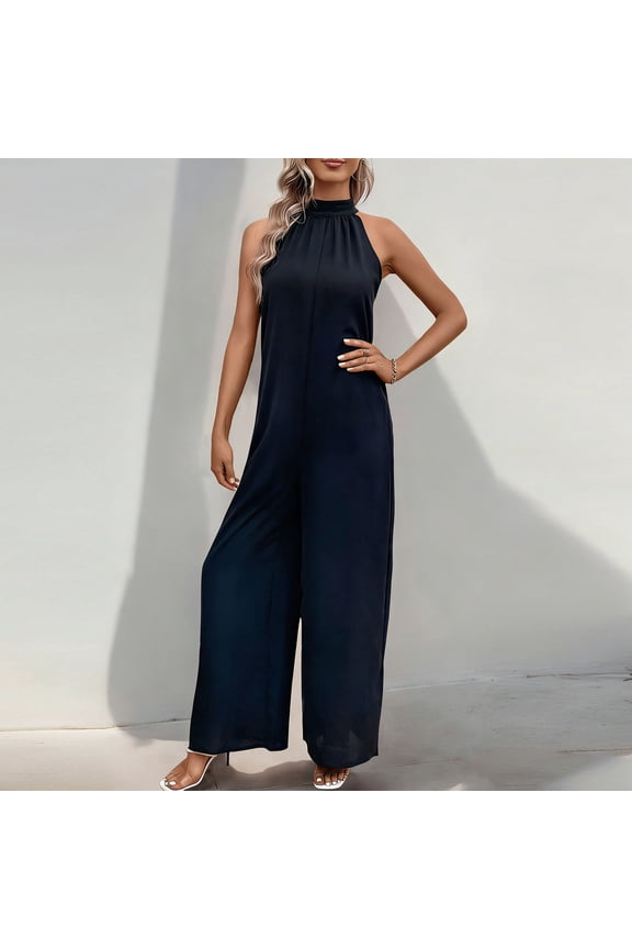 Summer Rompers For Women Wrap Neck Solid Straight Leg Sleeveless Jumpsuit Romper 1 Piece For Daily Casual